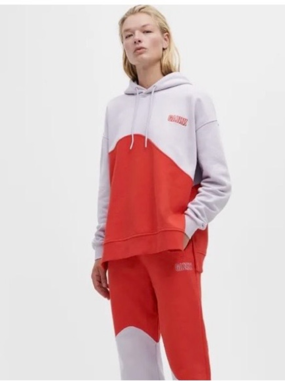 Ganni Red and Lavender Colorblock Hoodie & Sweatpants Set